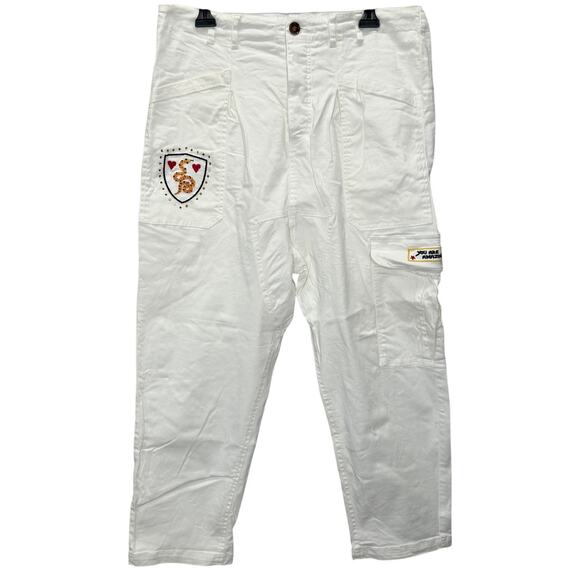 ME369 Aubree Drop Crotch Ankle Pants White Cargo Embroidered Size M - Picture 1 of 9